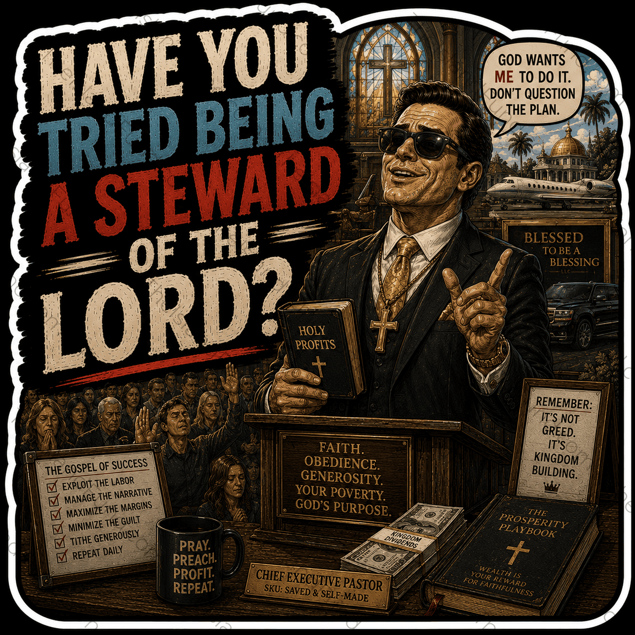 Have you tried being a steward of the Lord prosperity gospel satire sticker