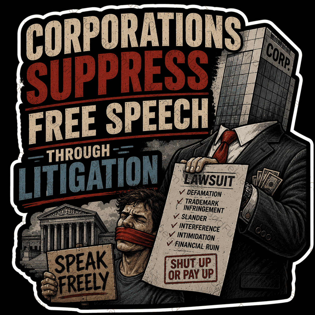 Corporations suppress free speech through litigation sticker