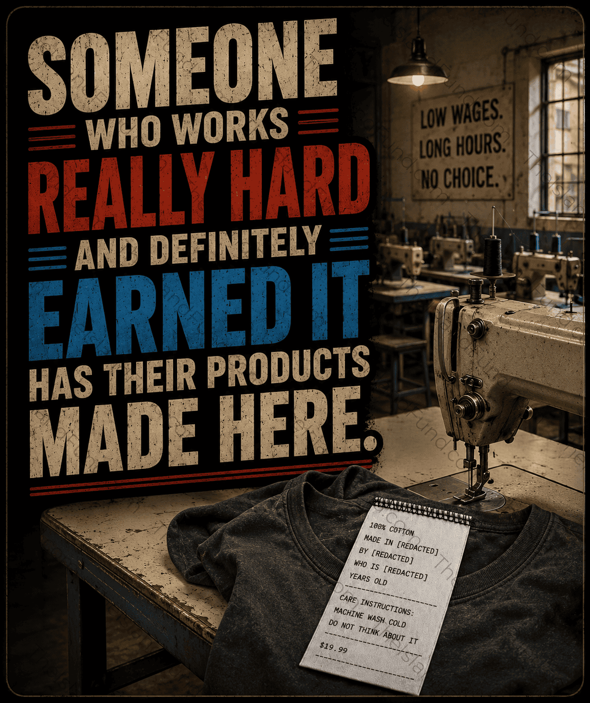 Everything must go t-shirt tag redacted supply chain critique sticker