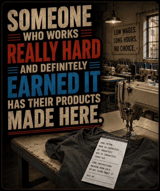 Everything must go t-shirt tag redacted supply chain critique sticker
