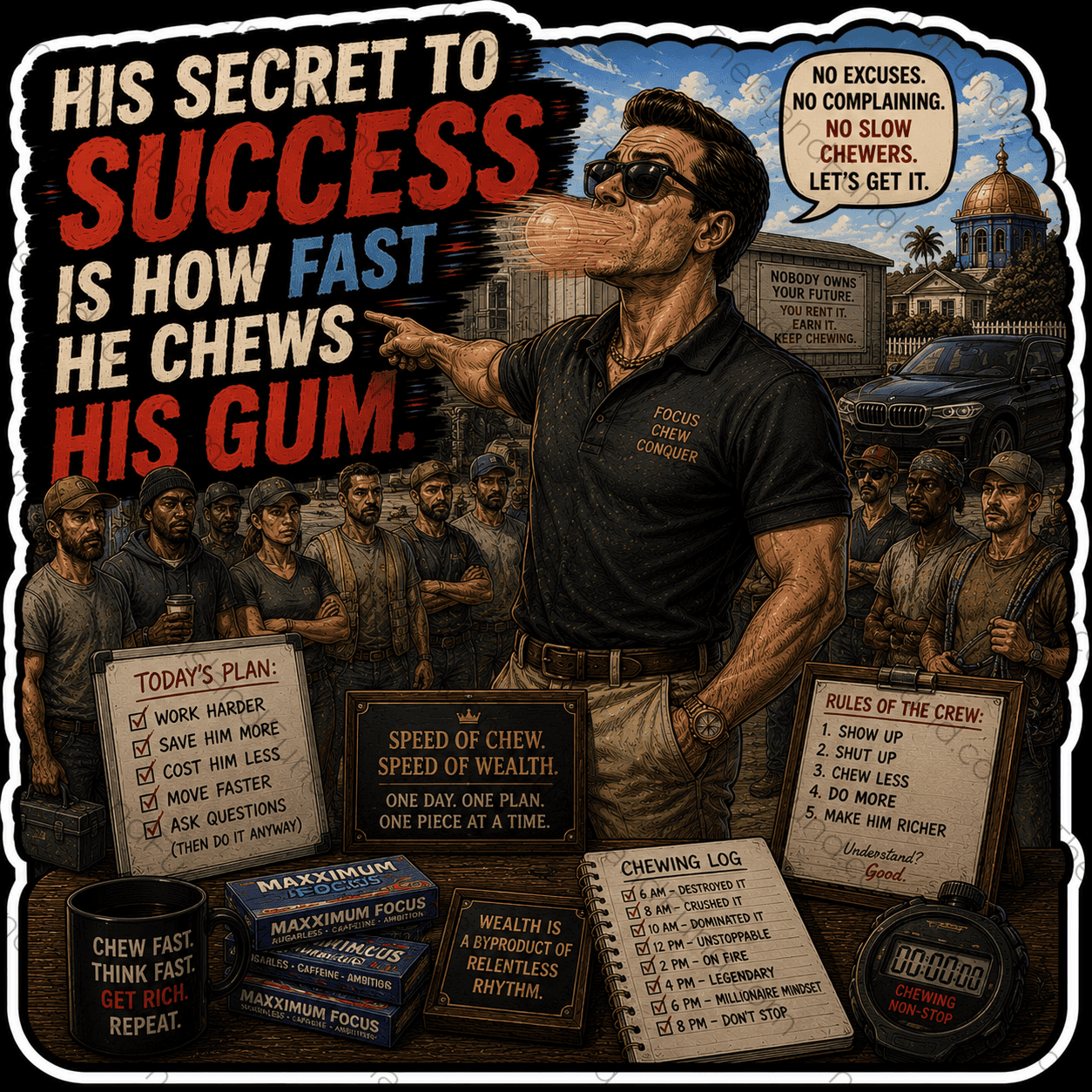 Chewing gum hustle culture satire sticker