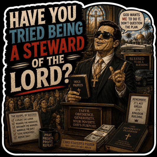 Have you tried being a steward of the Lord prosperity gospel satire sticker