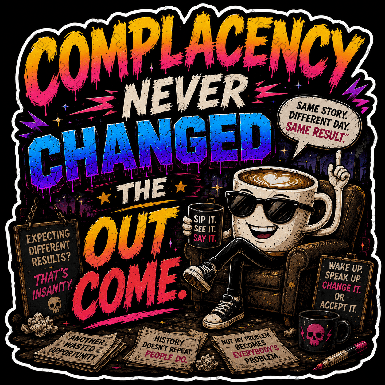 Complacency Never Changed the Outcome sticker